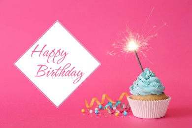 Image of Birthday cupcake with sparkler on pink background. Greeting card