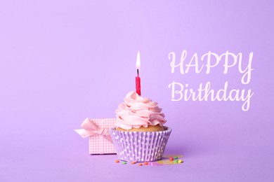 Image of Birthday card with cupcake and gift box on violet background