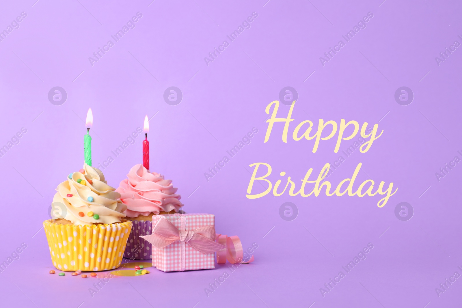 Image of Birthday card with cupcakes and gift box on violet background