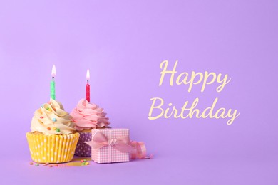 Image of Birthday card with cupcakes and gift box on violet background