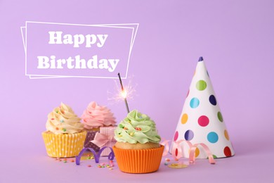 Image of Birthday card with cupcakes, party hat and gift box on violet background