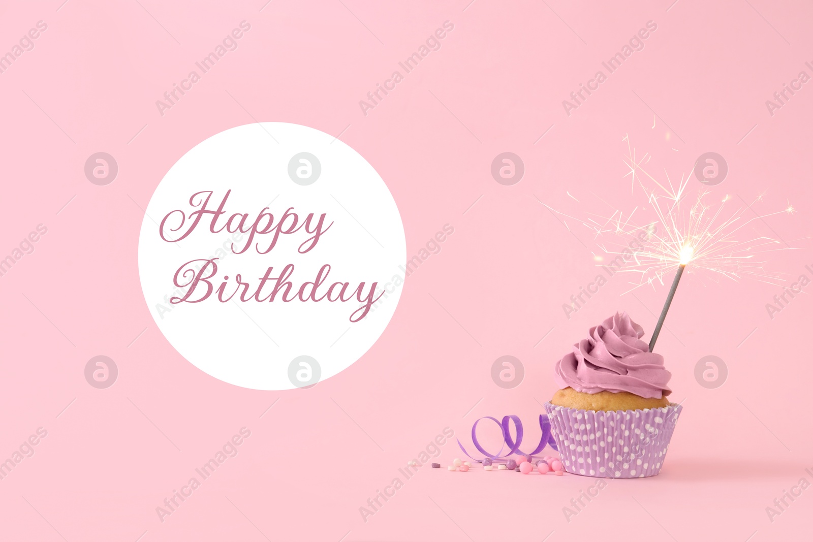 Image of Birthday cupcake with candle on pink background. Greeting card