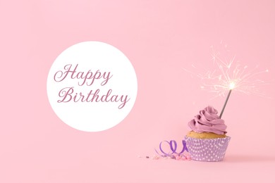 Image of Birthday cupcake with candle on pink background. Greeting card