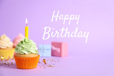 Image of Birthday card with cupcakes and gift boxes on violet background