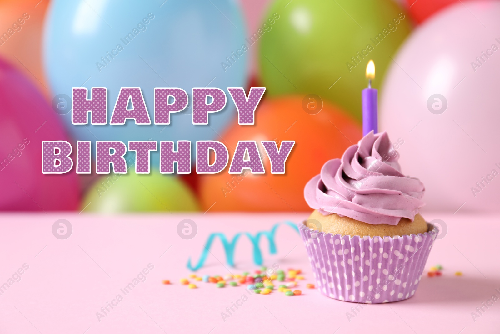 Image of Happy Birthday. Cupcake with candle against colorful balloons