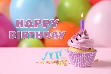 Image of Happy Birthday. Cupcake with candle against colorful balloons