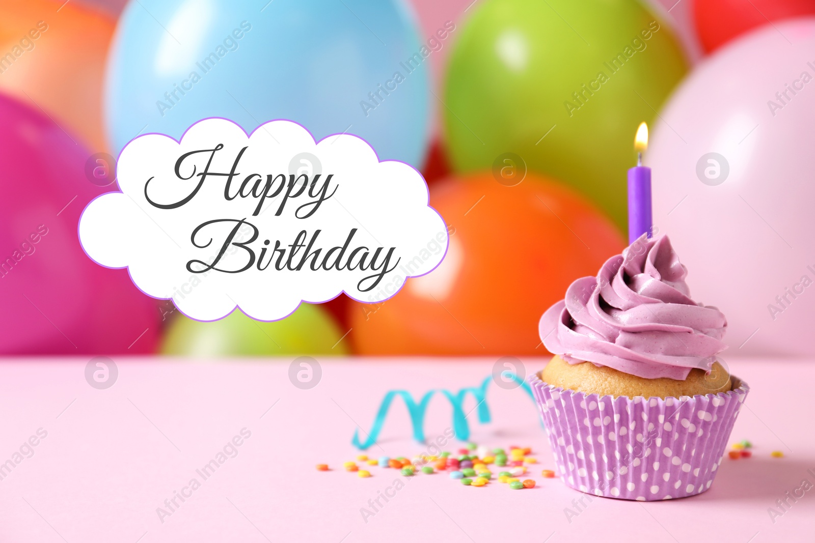 Image of Happy Birthday. Cupcake with candle against colorful balloons