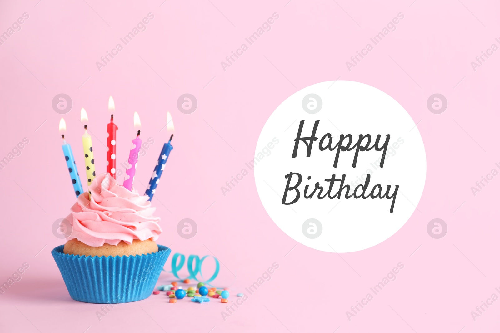 Image of Birthday cupcake with candles on pink background. Greeting card