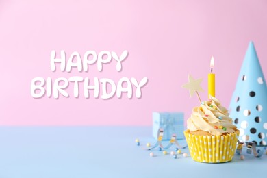 Image of Birthday card with cupcake, gift box and party hat on pink background