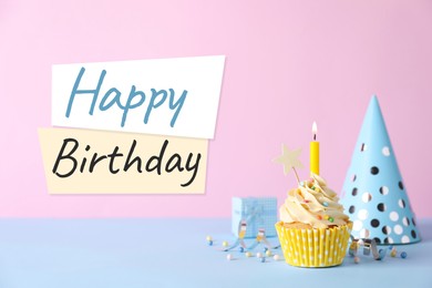 Image of Birthday card with cupcake, gift box and party hat on pink background