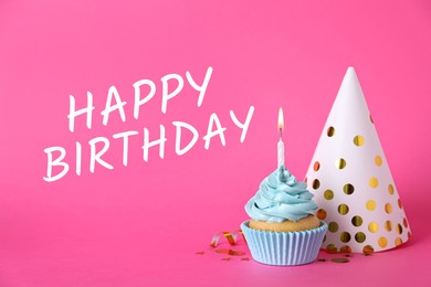 Image of Birthday card with cupcake and party hat on pink background