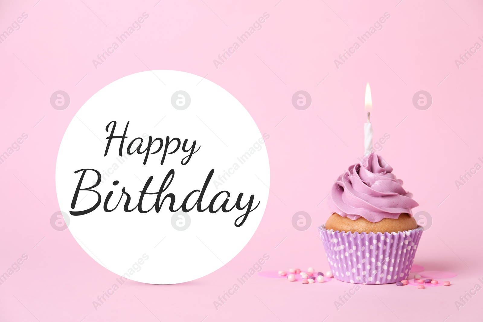 Image of Birthday cupcake with candle on pink background. Greeting card