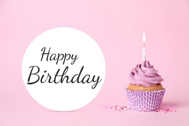 Image of Birthday cupcake with candle on pink background. Greeting card