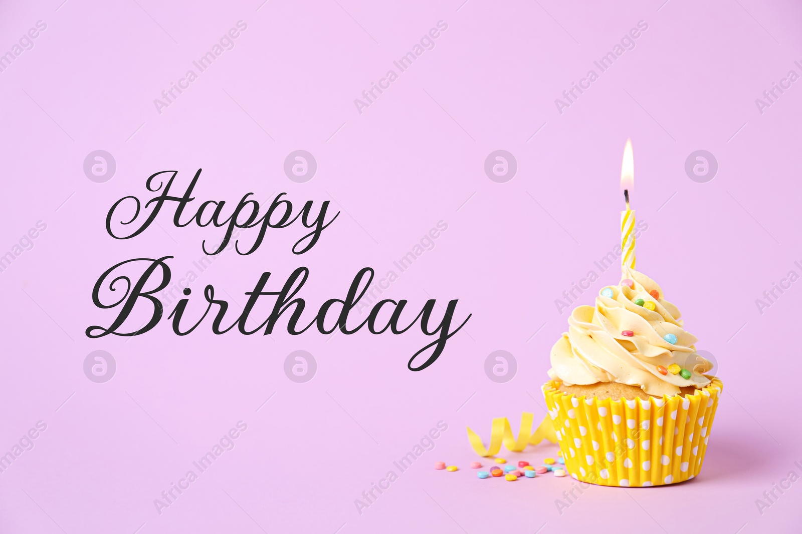 Image of Birthday cupcake with candle on light violet background. Greeting card