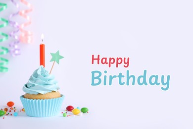 Image of Happy Birthday. Cupcake with candle on light background