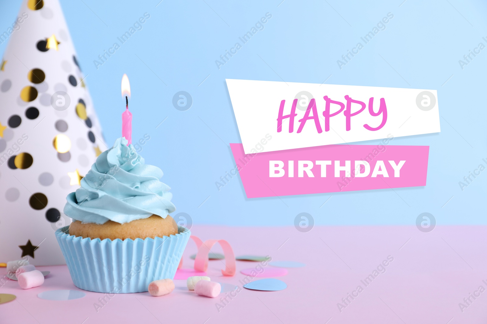 Image of Birthday card with cupcake and party hat on light blue background