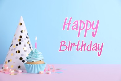 Image of Birthday card with cupcake and party hat on light blue background