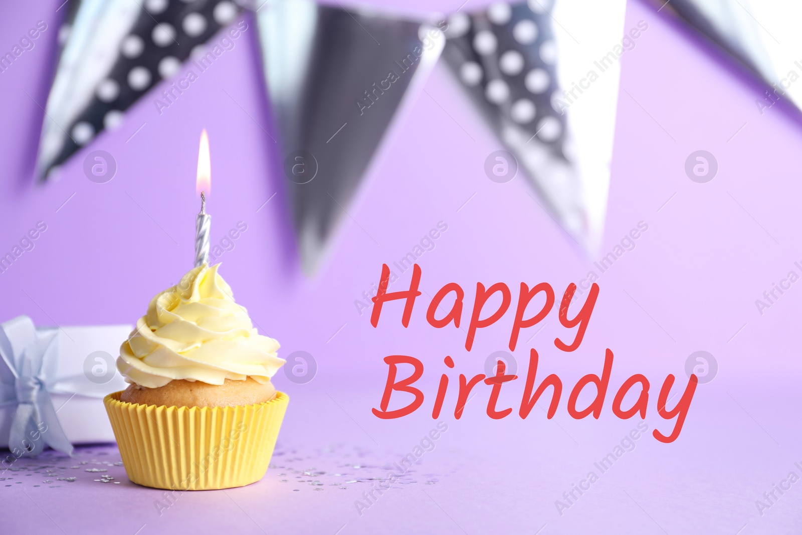 Image of Birthday card with cupcake and gift box on violet background