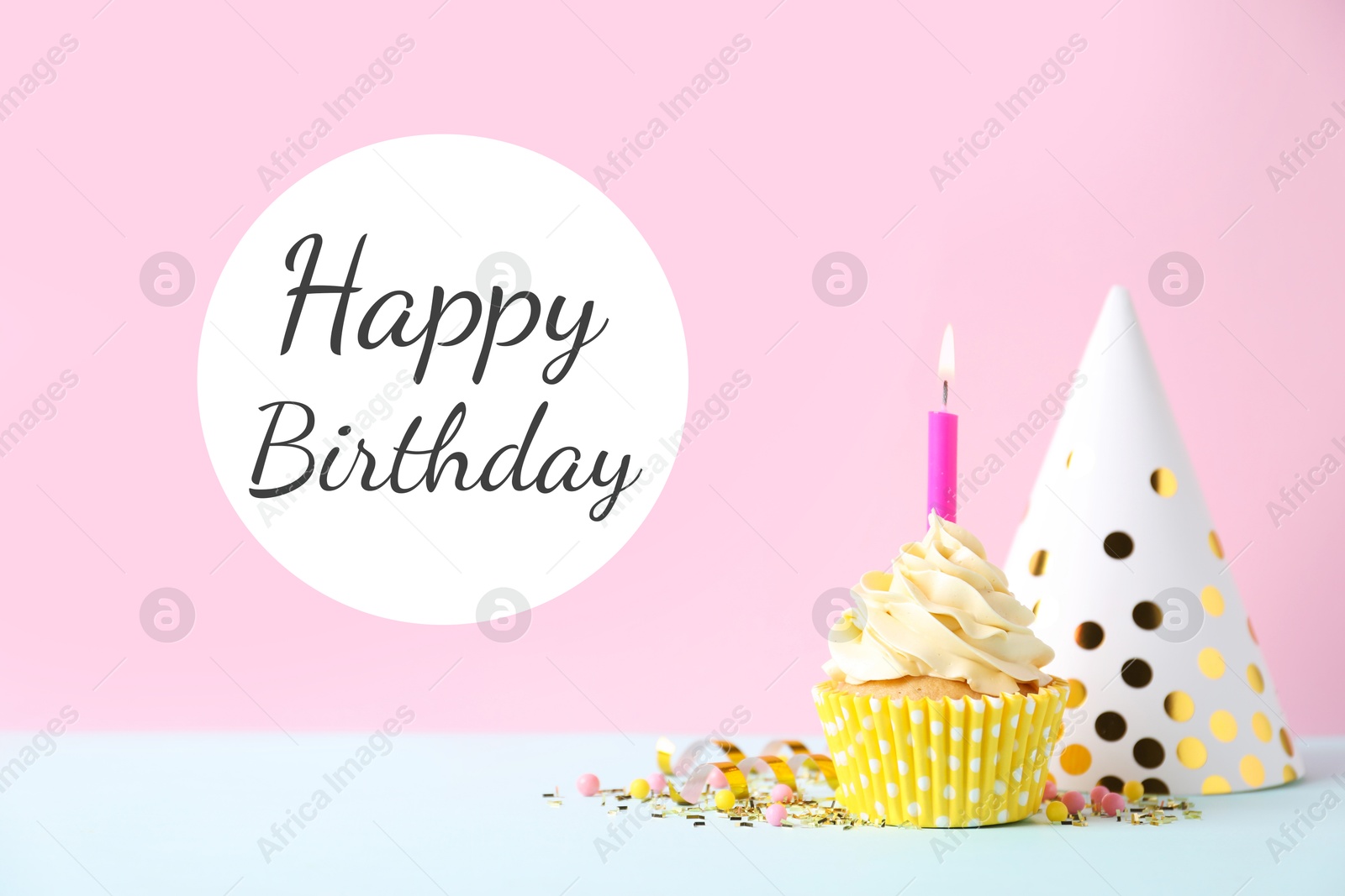 Image of Birthday card with cupcake and party hat on pink background