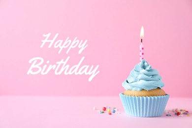 Birthday cupcake with candle on pink background. Greeting card