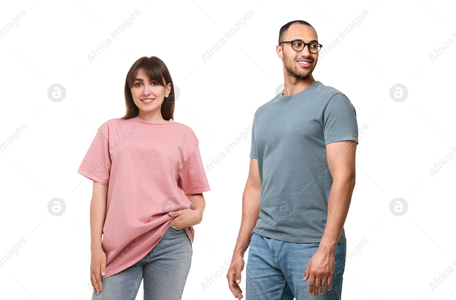 Image of Woman and man wearing t-shirts on white background, collage of photos