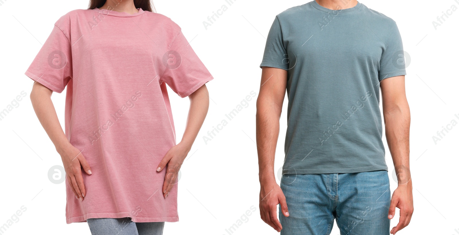 Image of Woman and man wearing t-shirts on white background, closeup. Collage of photos