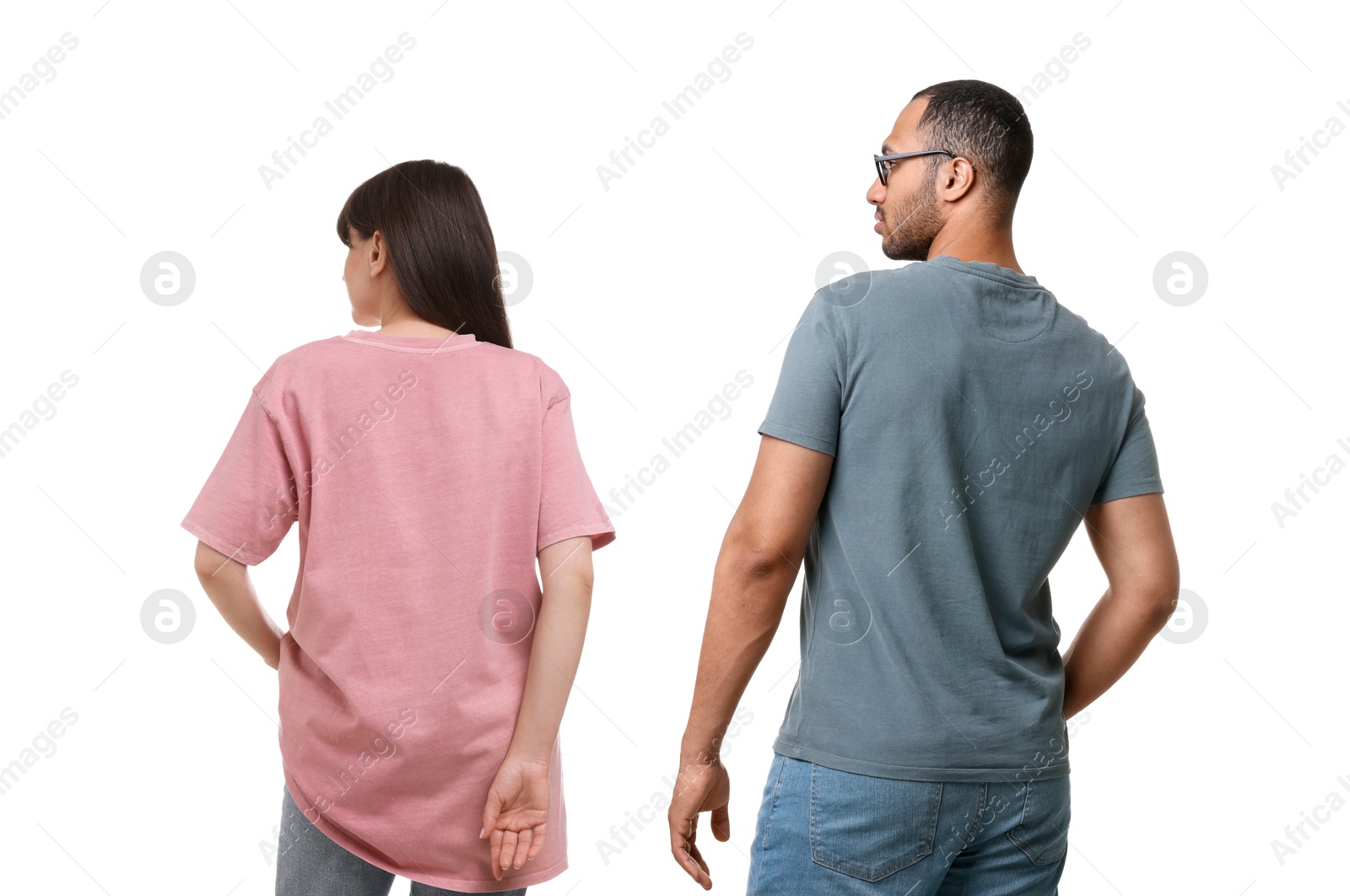 Image of Woman and man wearing t-shirts on white background, back view. Collage of photos