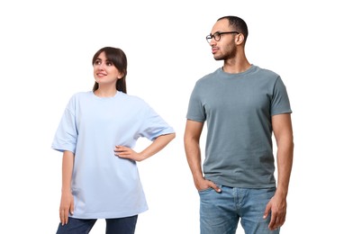 Image of Woman and man wearing t-shirts on white background, collage of photos
