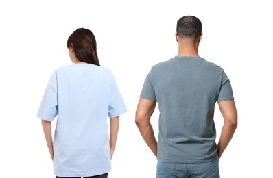 Image of Woman and man wearing t-shirts on white background, back view. Collage of photos