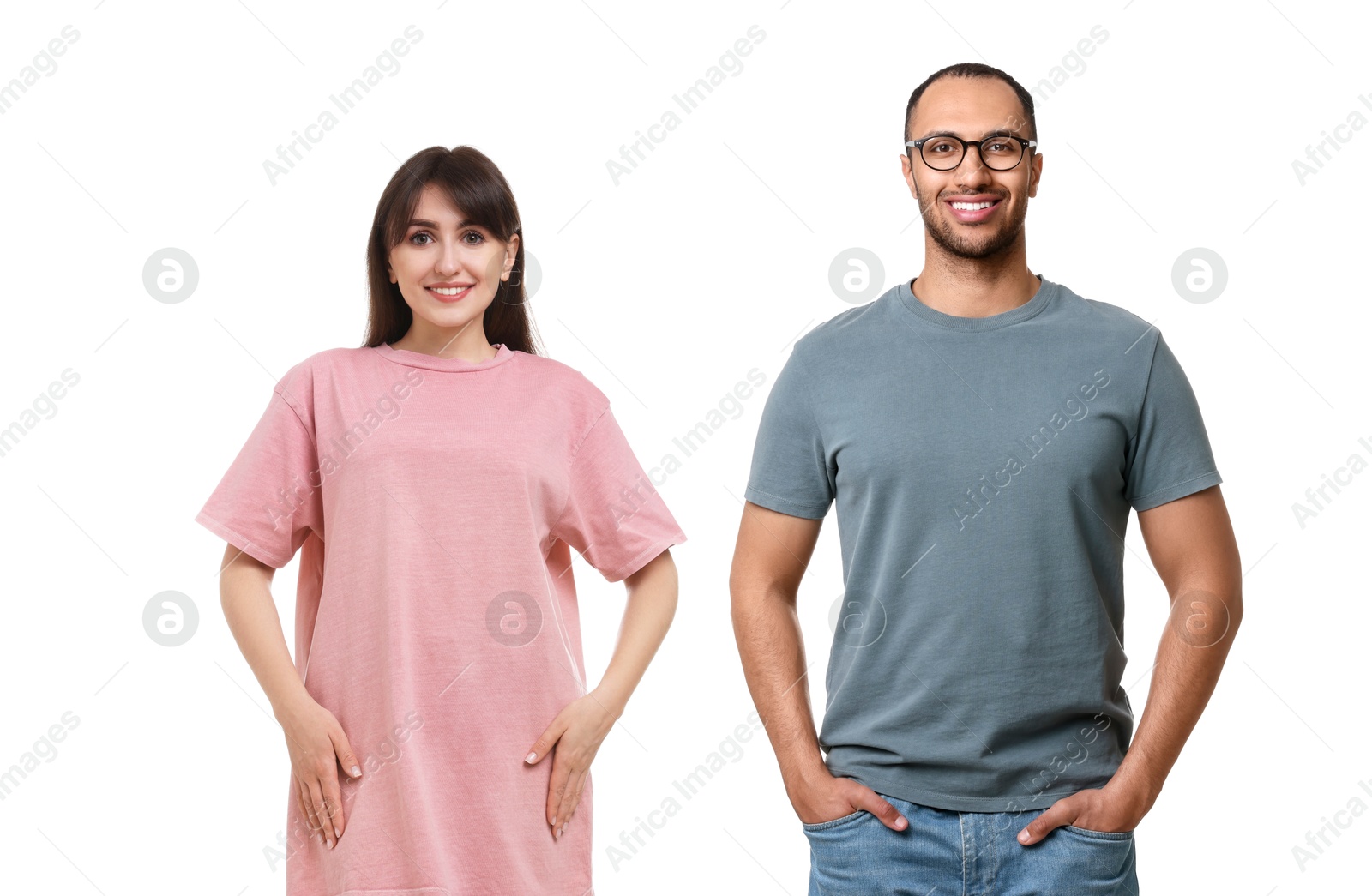 Image of Woman and man wearing t-shirts on white background, collage of photos