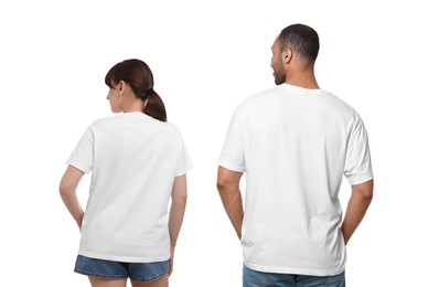 Image of Woman and man wearing white t-shirts on white background, back view. Collage of photos