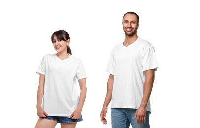 Image of Woman and man wearing white t-shirts on white background, collage of photos