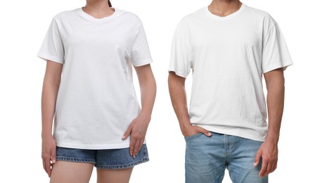 Woman and man wearing white t-shirts on white background, closeup. Collage of photos