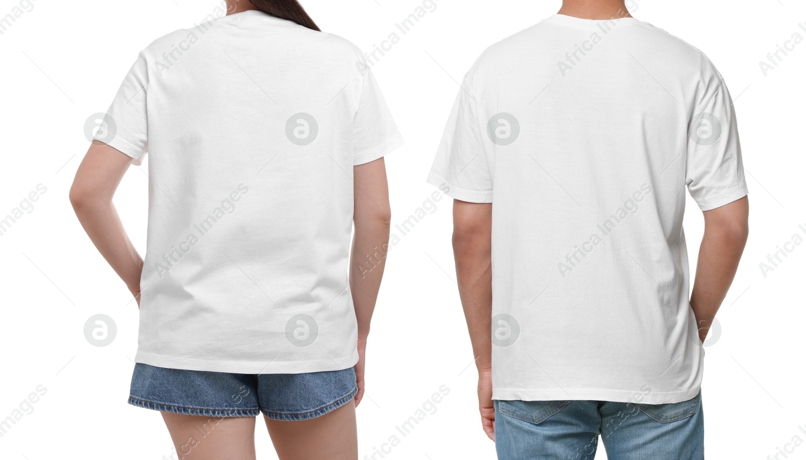 Image of Woman and man wearing white t-shirts on white background, back view. Collage of closeup photos