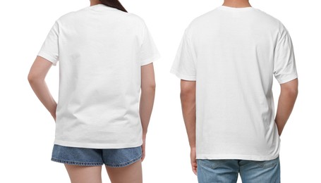 Image of Woman and man wearing white t-shirts on white background, back view. Collage of closeup photos