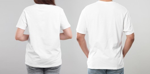 Image of Woman and man wearing white t-shirts on white background, back view. Collage of closeup photos