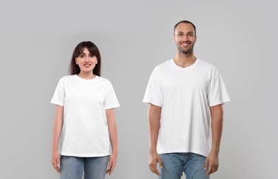 Image of Woman and man wearing white t-shirts on white background, collage of photos