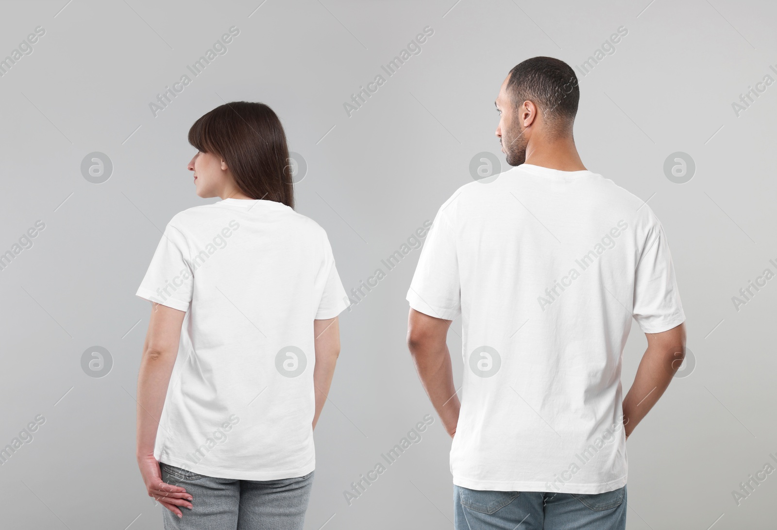 Image of Woman and man wearing white t-shirts on white background, back view. Collage of photos