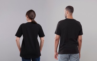 Woman and man wearing black t-shirts on grey background, back view. Collage of photos