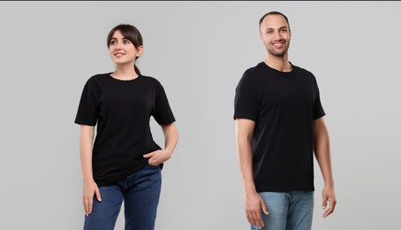 Woman and man wearing black t-shirts on grey background, collage of photos