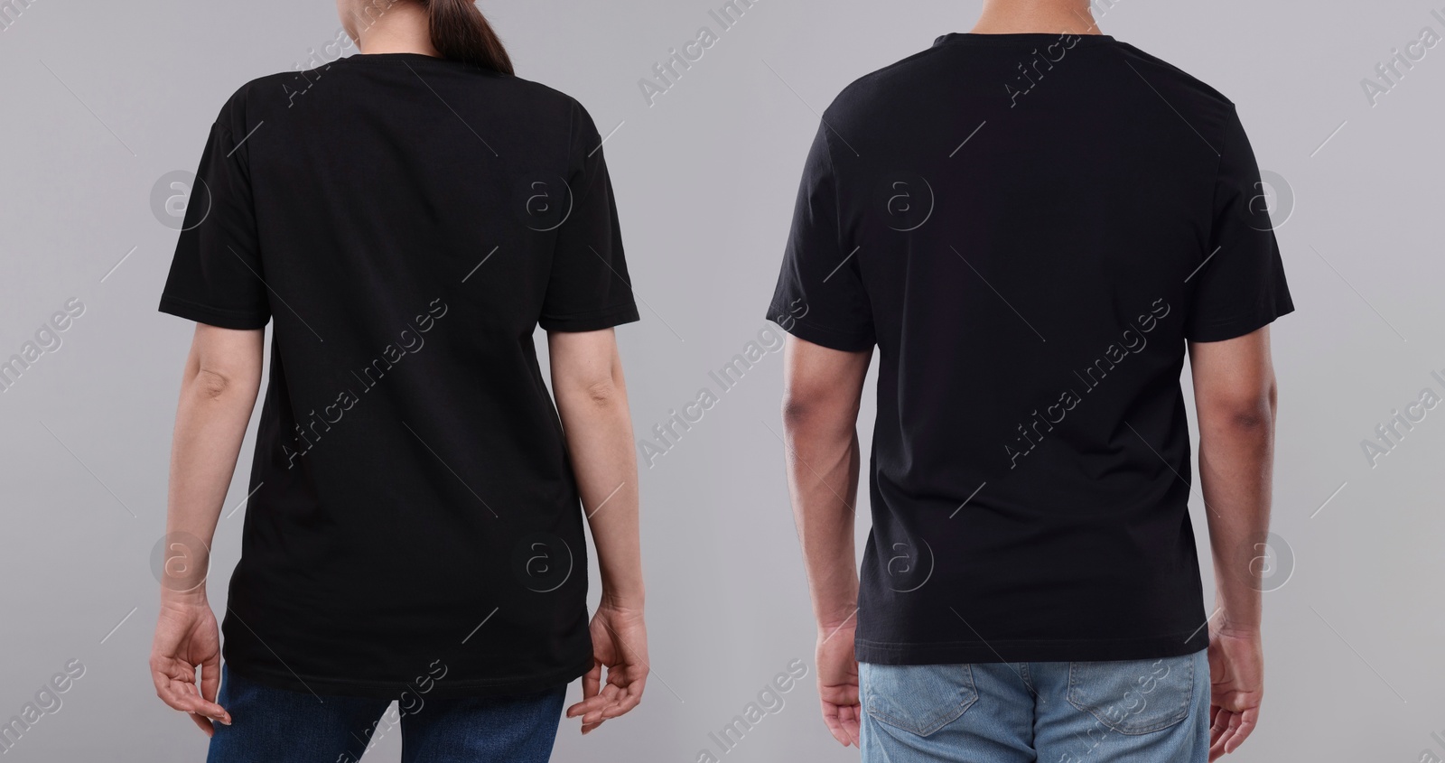 Image of Woman and man wearing black t-shirts on grey background, back view. Collage of closeup photos