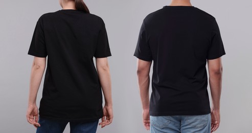 Image of Woman and man wearing black t-shirts on grey background, back view. Collage of closeup photos