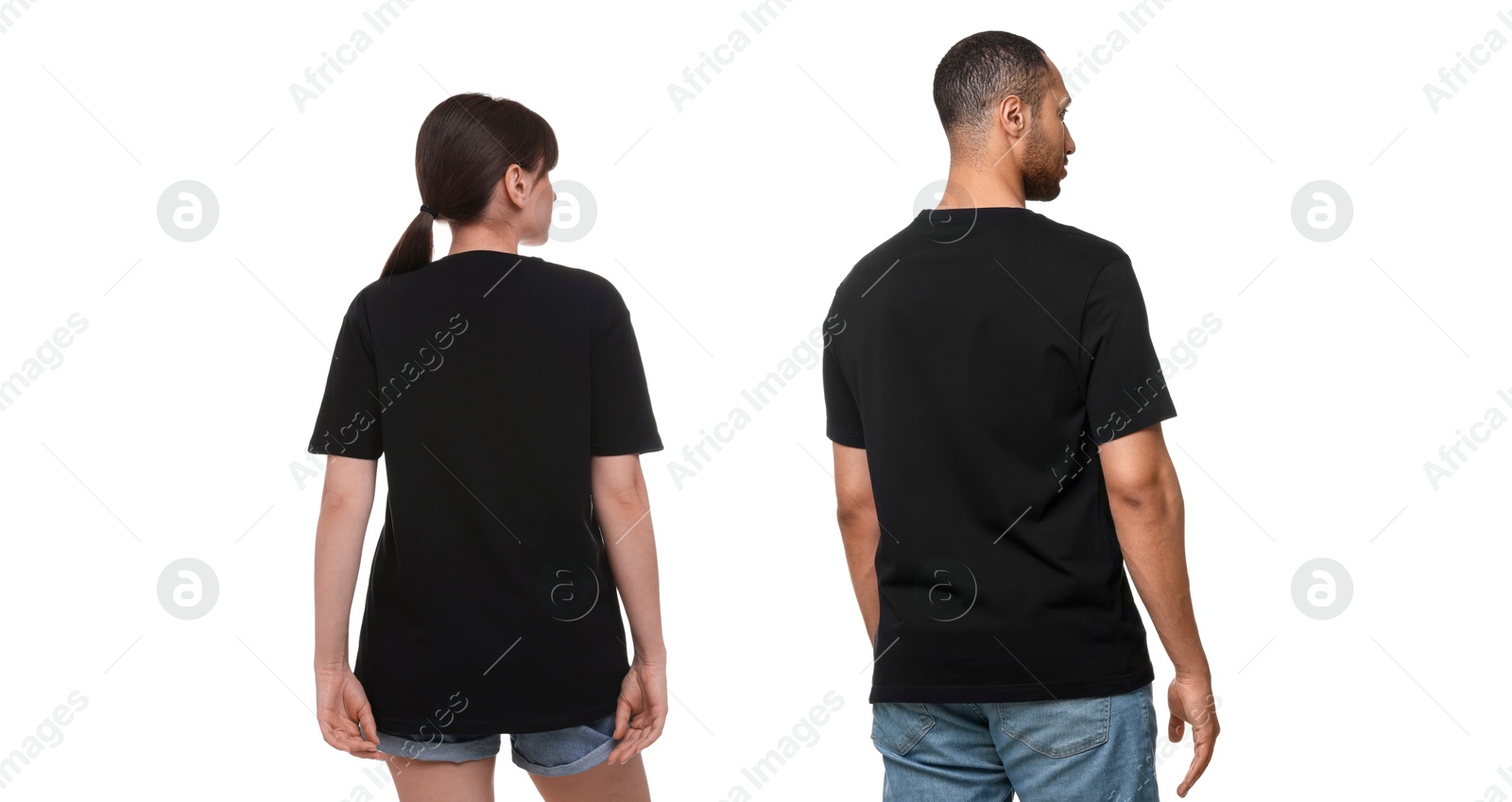 Image of Woman and man wearing black t-shirts on white background, back view. Collage of photos