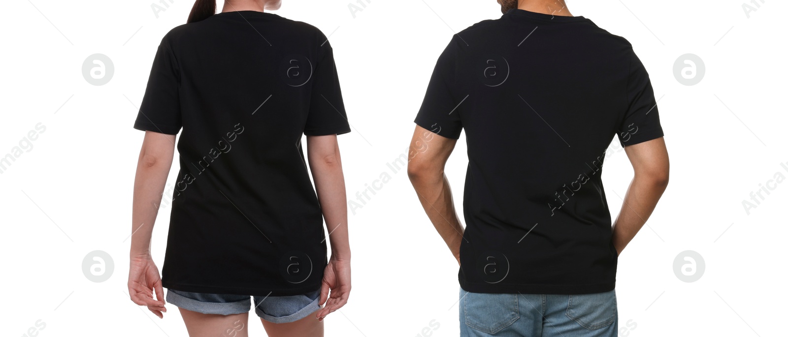 Image of Woman and man wearing black t-shirts on white background, back view. Collage of closeup photos