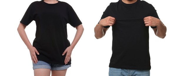 Image of Woman and man wearing black t-shirts on white background, closeup. Collage of photos