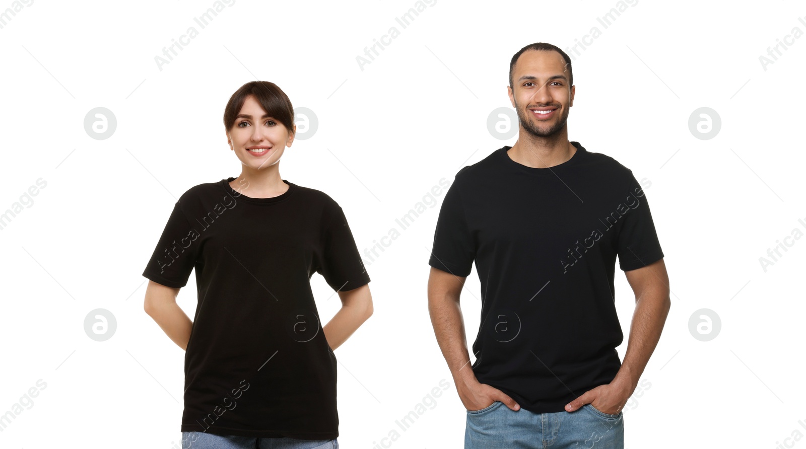 Image of Woman and man wearing black t-shirts on white background, collage of photos