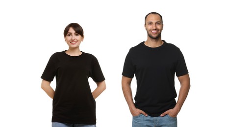 Woman and man wearing black t-shirts on white background, collage of photos