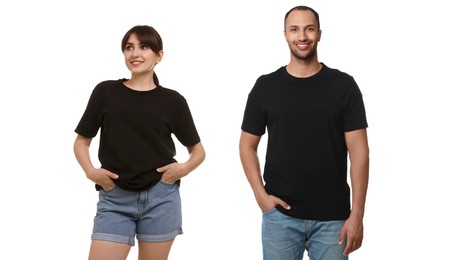 Image of Woman and man wearing black t-shirts on white background, collage of photos