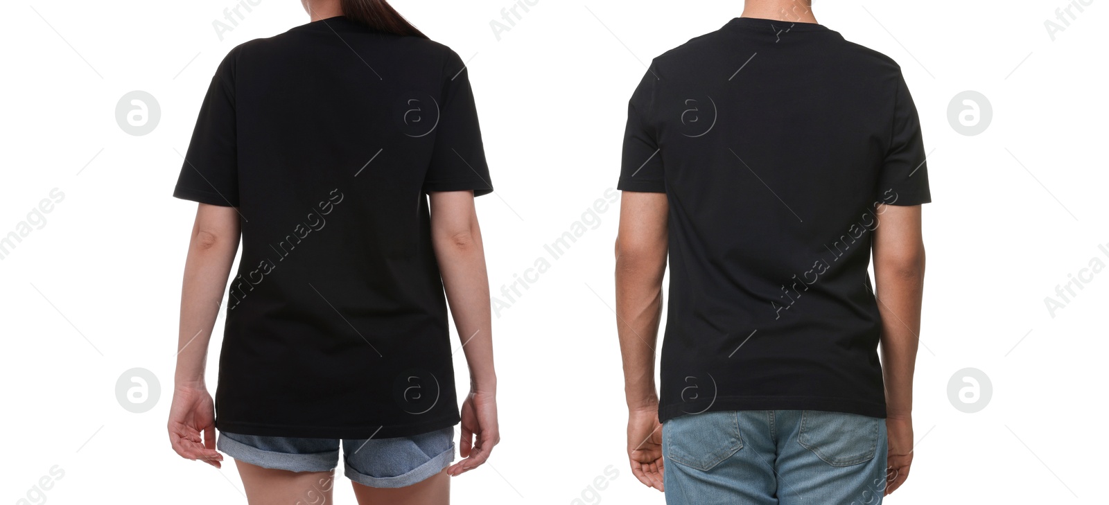 Image of Woman and man wearing black t-shirts on white background, back view. Collage of photos
