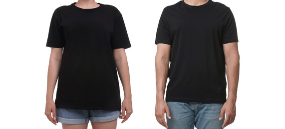 Woman and man wearing black t-shirts on white background, closeup. Collage of photos